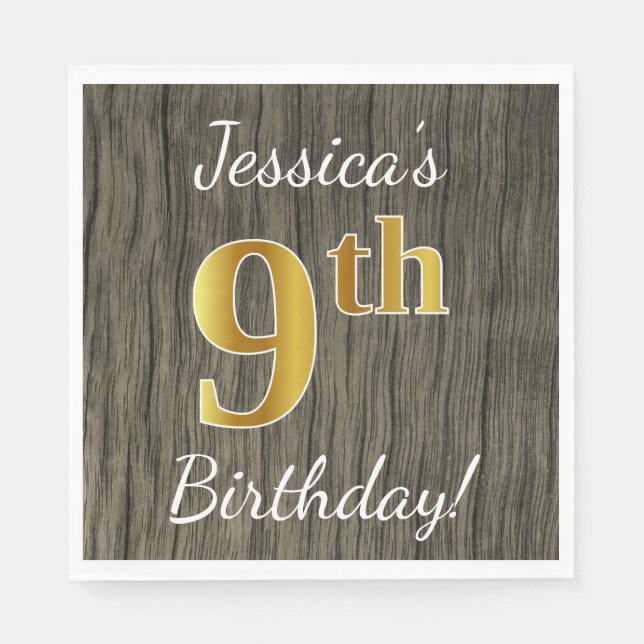 Faux Wood, Faux Gold 9th Birthday + Custom Name Paper Napkins (Front)