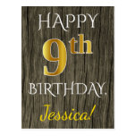 [ Thumbnail: Faux Wood, Faux Gold 9th Birthday + Custom Name Postcard ]