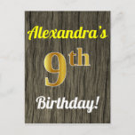 [ Thumbnail: Faux Wood, Faux Gold 9th Birthday & Custom Name Postcard ]