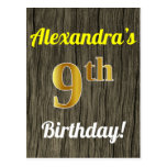 [ Thumbnail: Faux Wood, Faux Gold 9th Birthday & Custom Name Postcard ]