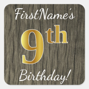 Faux Wood, Faux Gold 9th Birthday + Custom Name Square Sticker