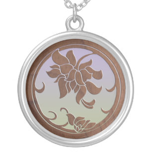 Faux Wood Floral Medallion Silver Plated Necklace