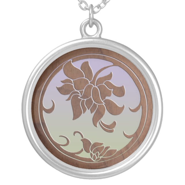Faux Wood Floral Medallion Silver Plated Necklace (Front)