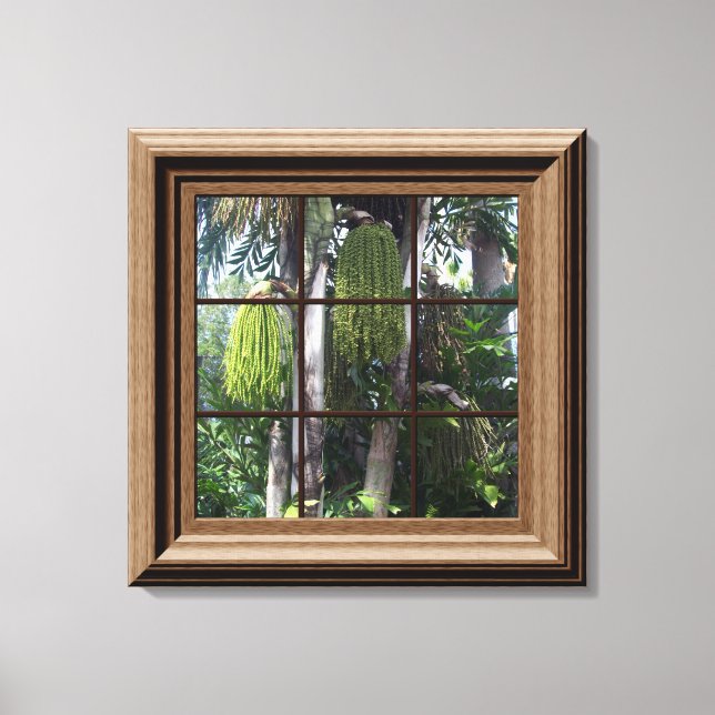 Faux Wood Framed Window Tropical View Canvas Art (Front)