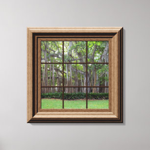 Faux Wood Framed Window View of Trees Canvas Art