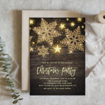 Faux Wood Gold Glitter Snowflakes Christmas Party Invitation