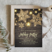 Faux Wood Gold Glitter Snowflakes Holiday Party Invitation