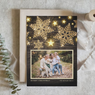Faux Wood Gold Glitter Snowflakes Photo Christmas Holiday Card