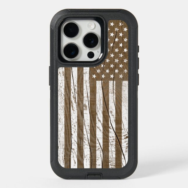 Faux Wood Grain Grunge American Flag iPhone 15 Pro Case (Back)