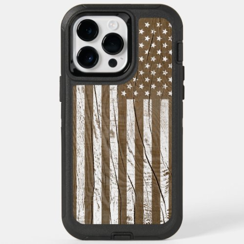 Faux Wood Grain Grunge American Flag OtterBox iPhone 14 Pro Max Case