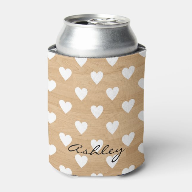 Faux Wood | Hearts Pattern Personalized Can Cooler (Can Front)