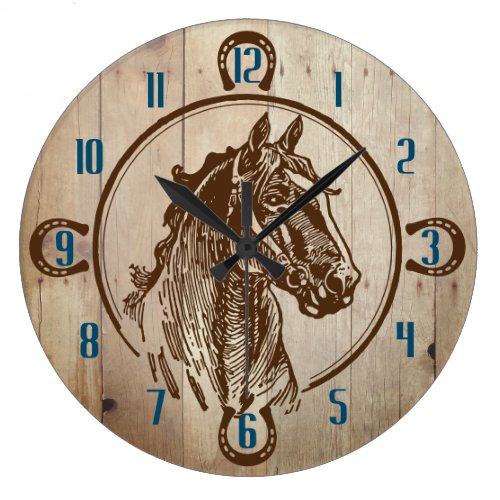 Faux wood horse head ranch western large clock