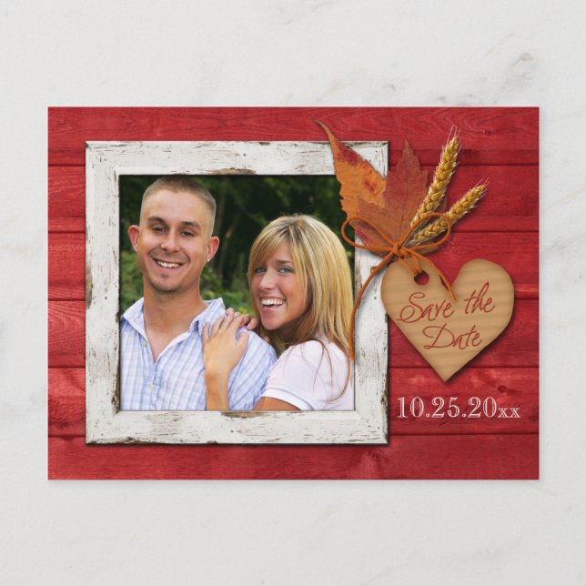 FAUX Wood, Leaves, Heart Save the Date Post Card (Front)