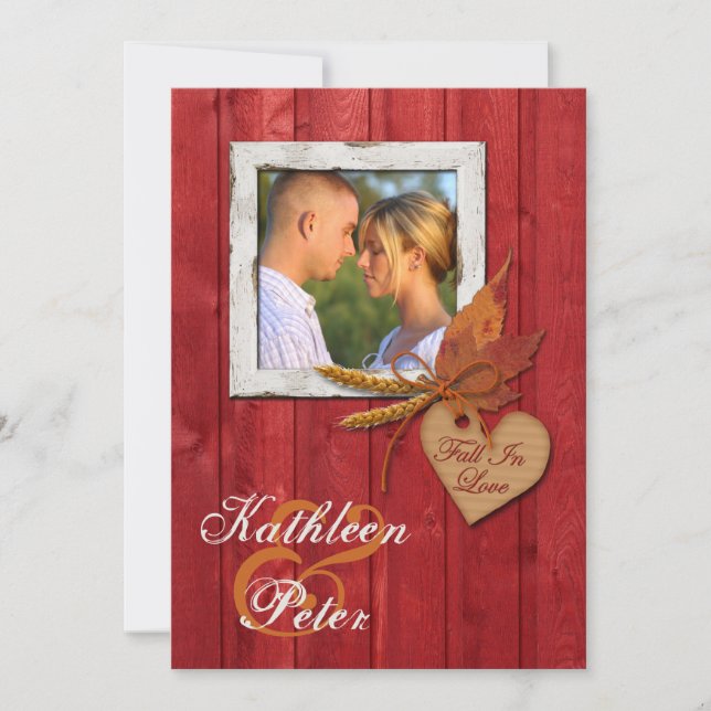 FAUX Wood, Leaves, Heart, Wheat PHOTO Wedding Invitation (Front)