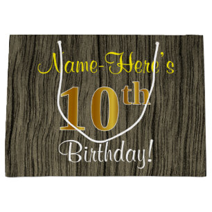 Faux Wood Look, Faux Gold 10th Birthday + Name Large Gift Bag