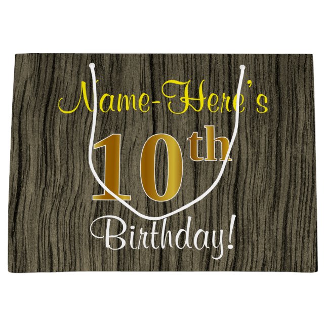 Faux Wood Look, Faux Gold 10th Birthday + Name Large Gift Bag (Front)