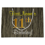 [ Thumbnail: Faux Wood Look, Faux Gold 11th Birthday + Name Gift Bag ]