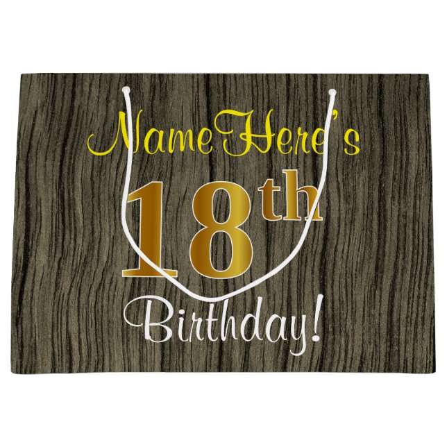 Faux Wood Look, Faux Gold 18th Birthday + Name Large Gift Bag (Front)