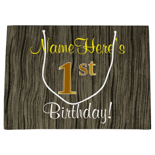 Faux Wood Look, Faux Gold 1st Birthday + Name Large Gift Bag (Front)