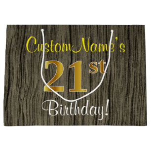 Faux Wood Look, Faux Gold 21st Birthday + Name Large Gift Bag