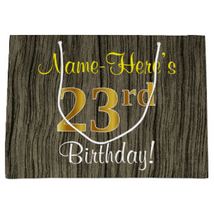 Faux Wood Look, Faux Gold 23rd Birthday + Name Large Gift Bag