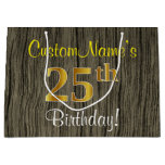 [ Thumbnail: Faux Wood Look, Faux Gold 25th Birthday + Name Gift Bag ]