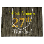 [ Thumbnail: Faux Wood Look, Faux Gold 27th Birthday + Name Gift Bag ]