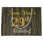 [ Thumbnail: Faux Wood Look, Faux Gold 29th Birthday + Name Gift Bag ]