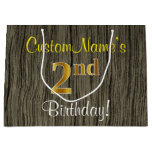 [ Thumbnail: Faux Wood Look, Faux Gold 2nd Birthday + Name Gift Bag ]