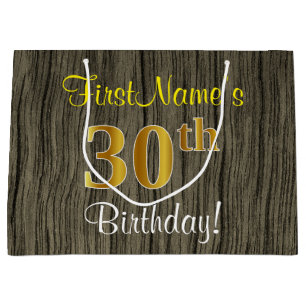 Faux Wood Look, Faux Gold 30th Birthday + Name Large Gift Bag