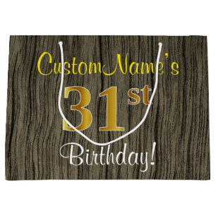 Faux Wood Look, Faux Gold 31st Birthday + Name Large Gift Bag