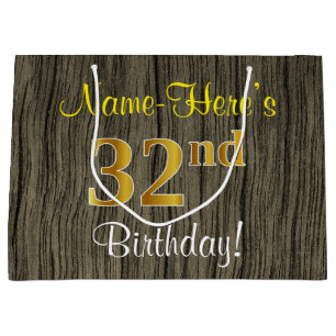 Faux Wood Look, Faux Gold 32nd Birthday + Name Large Gift Bag
