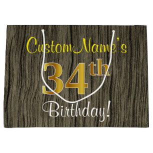 Faux Wood Look, Faux Gold 34th Birthday + Name Large Gift Bag
