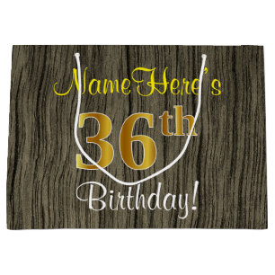 Faux Wood Look, Faux Gold 36th Birthday + Name Large Gift Bag