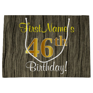 Faux Wood Look, Faux Gold 46th Birthday + Name Large Gift Bag