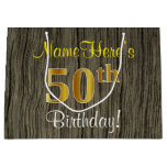 [ Thumbnail: Faux Wood Look, Faux Gold 50th Birthday + Name Gift Bag ]