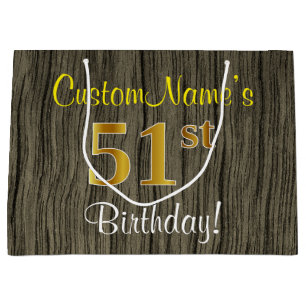 Faux Wood Look, Faux Gold 51st Birthday + Name Large Gift Bag
