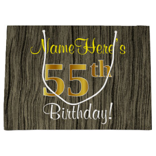 Faux Wood Look, Faux Gold 55th Birthday + Name Large Gift Bag