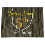[ Thumbnail: Faux Wood Look, Faux Gold 5th Birthday + Name Gift Bag ]