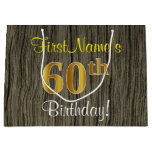 [ Thumbnail: Faux Wood Look, Faux Gold 60th Birthday + Name Gift Bag ]