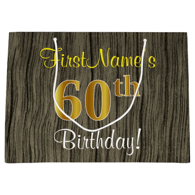 Faux Wood Look, Faux Gold 60th Birthday + Name Large Gift Bag (Front)