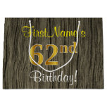 [ Thumbnail: Faux Wood Look, Faux Gold 62nd Birthday + Name Gift Bag ]