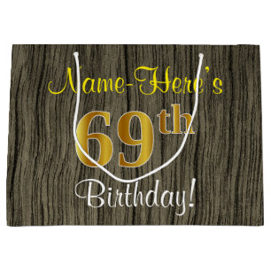 Faux Wood Look, Faux Gold 69th Birthday + Name Large Gift Bag