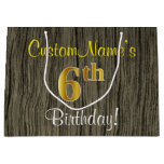 [ Thumbnail: Faux Wood Look, Faux Gold 6th Birthday + Name Gift Bag ]