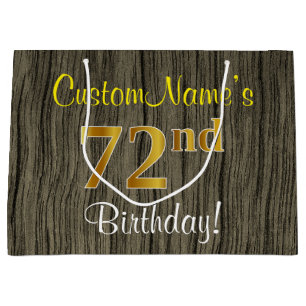 Faux Wood Look, Faux Gold 72nd Birthday + Name Large Gift Bag