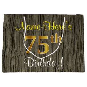 Faux Wood Look, Faux Gold 75th Birthday + Name Large Gift Bag