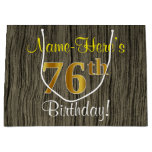 [ Thumbnail: Faux Wood Look, Faux Gold 76th Birthday + Name Gift Bag ]