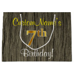 [ Thumbnail: Faux Wood Look, Faux Gold 7th Birthday + Name Gift Bag ]