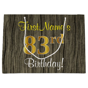 Faux Wood Look, Faux Gold 83rd Birthday + Name Large Gift Bag