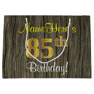 Faux Wood Look, Faux Gold 85th Birthday + Name Large Gift Bag